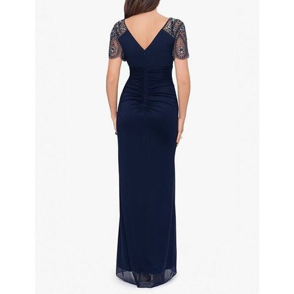 Xscape Beaded Sheer Flutter Sleeve Cascading Draped Waist Gown Navy Size 16 NWT - Picture 3 of 12